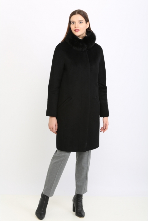 Женское пальто из текстиля с воротником, отделка песец 8011726